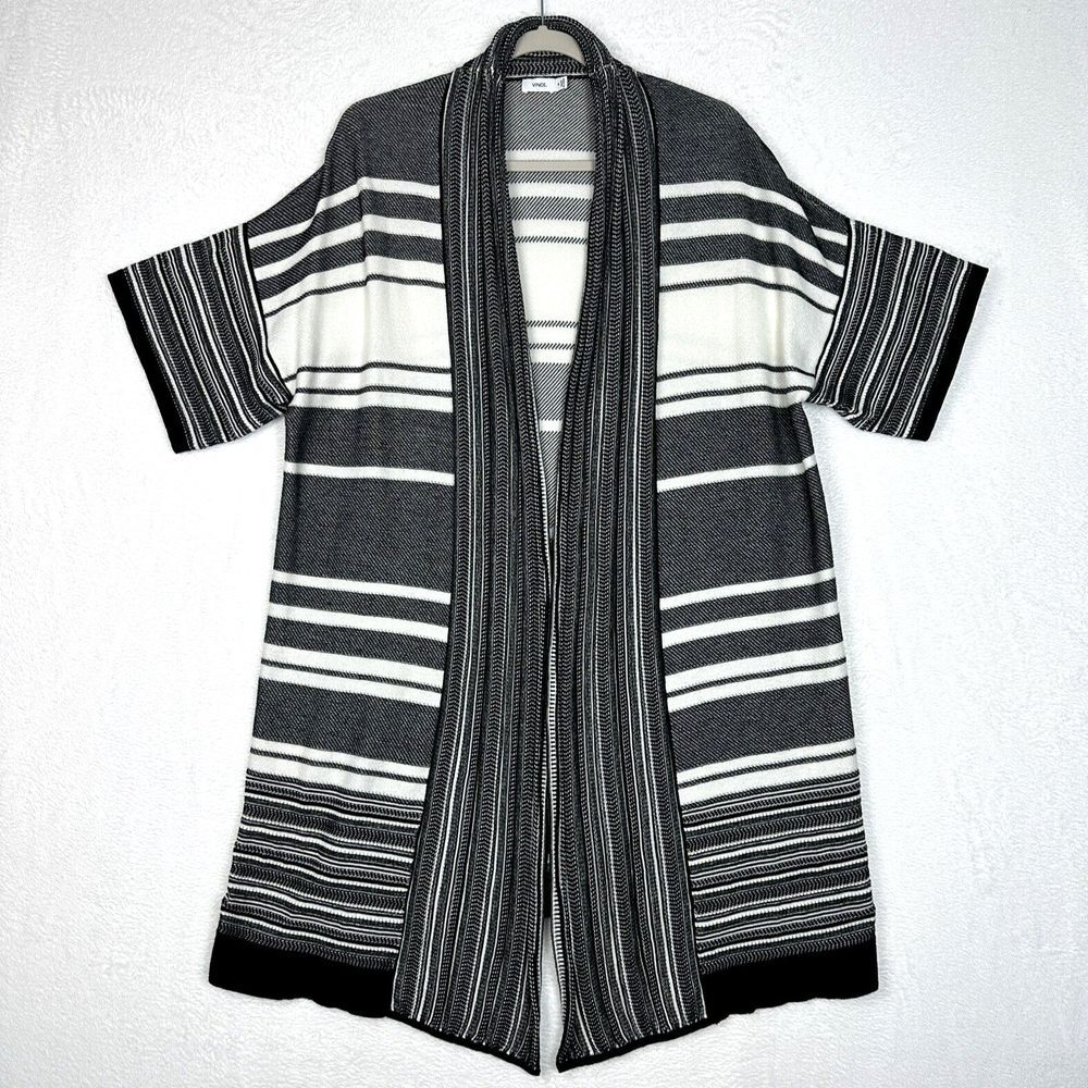 Vince 100% Cotton Open Front Long Cardigan Womens Medium Black White Striped